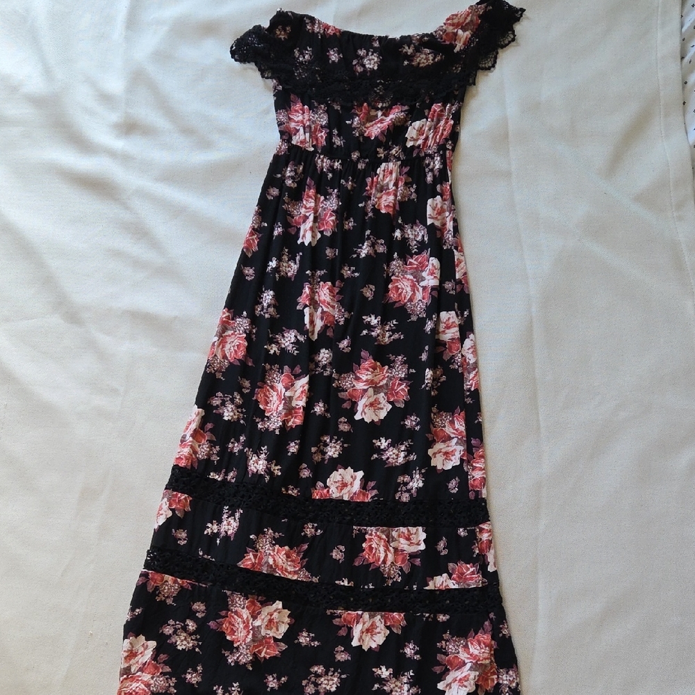 Forever 21 Black Pink Lace Floral Strapless Maxi Tube Dress Size M